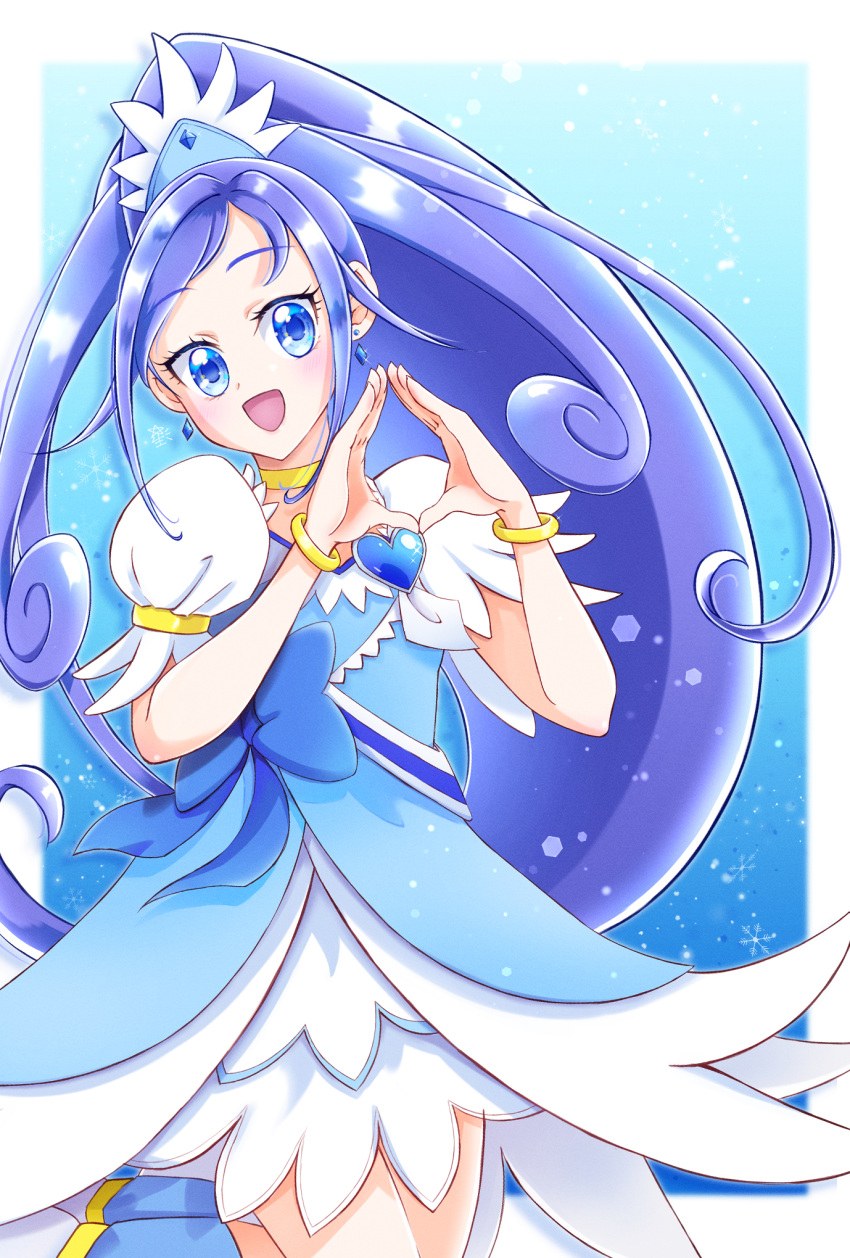 1girl, blue_background, blue_dress, blue_eyes, blue_hair, border, bracelet, brooch