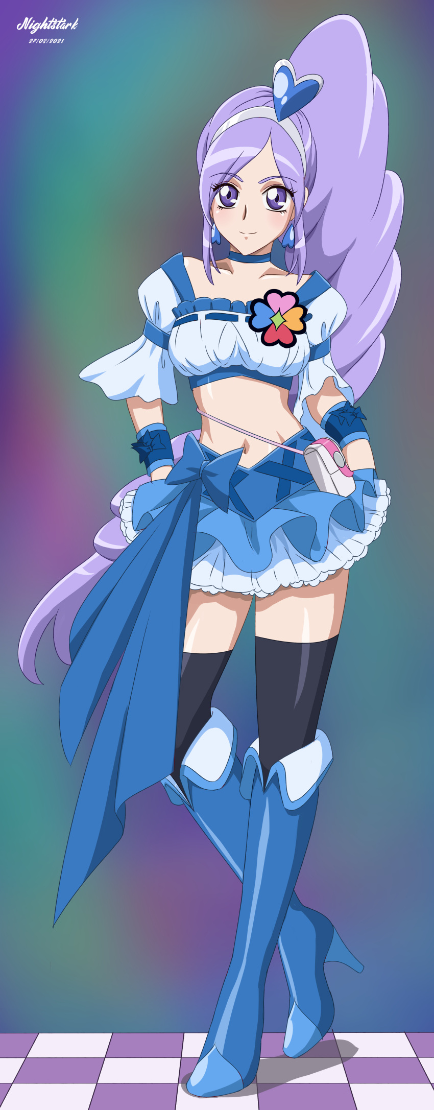 1girl, absurdres, aono_miki, artist_name, belly, black_thighhighs, blue_choker, blue_footwear