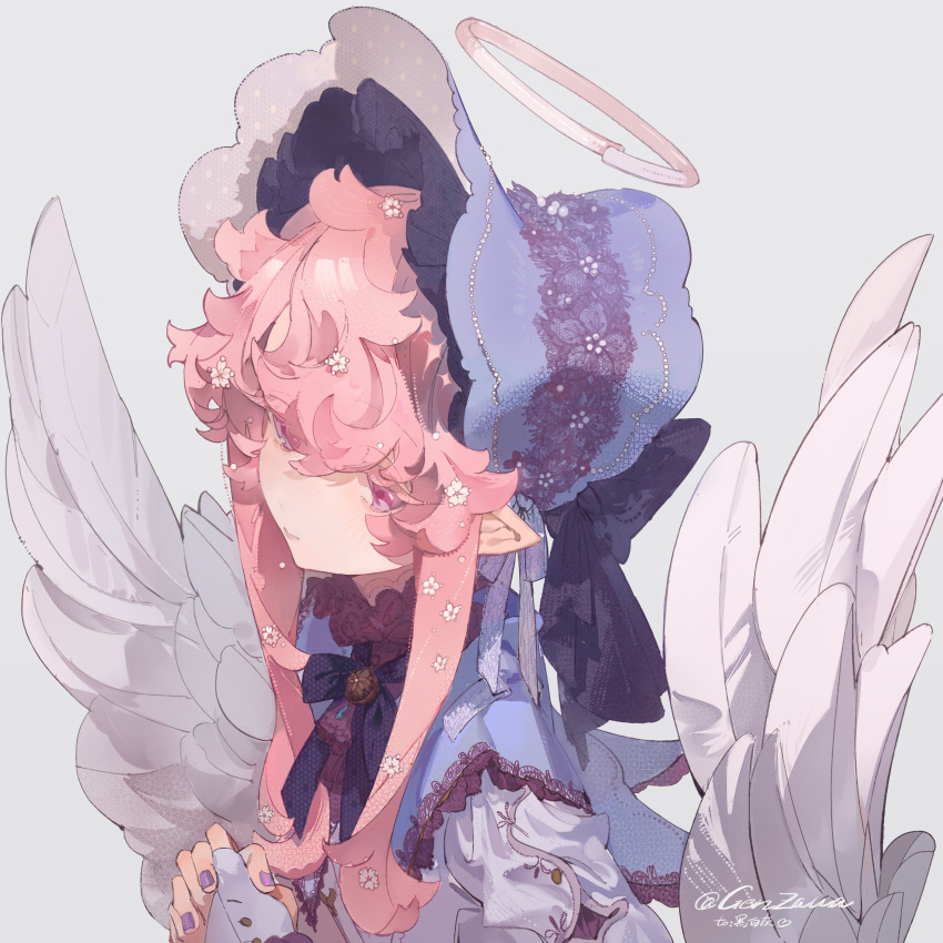 1boy, 1girl, absurdres, angel_wings, back_bow, bangs, black_bow, blue_headwear, bonnet, borrowed_character, bow, brooch, chinese_commentary, closed_mouth, colored_eyelashes, commentary, feathered_wings, flower, from_above, from_side, genzaw, gradient, gradient_background, grey_background, hair_flower, hair_ornament, halo, hat, highres, interlocked_fingers, jewelry, lace, light_blush, long_bangs, male_focus, nail_polish, neck_ribbon, original, otoko_no_ko, own_hands_clasped, own_hands_together, pink_eyes, pink_hair, pointy_ears, purple_nails, ribbon, sidelocks, signature, simple_background, solo, twitter_username, wavy_hair, white_wings, wings