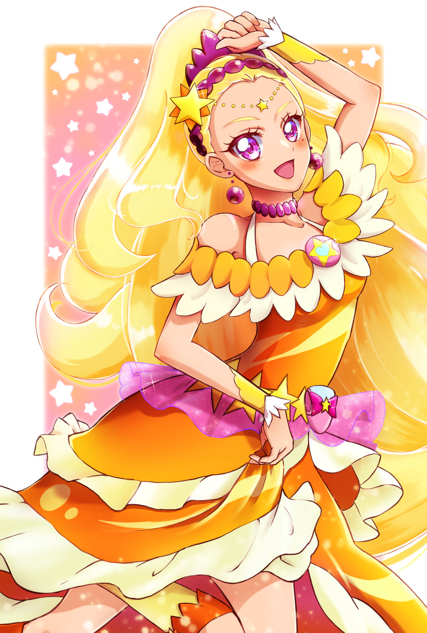 1girl, amamiya_elena, bare_shoulders, bead_choker, blonde_hair, border, breasts, brooch