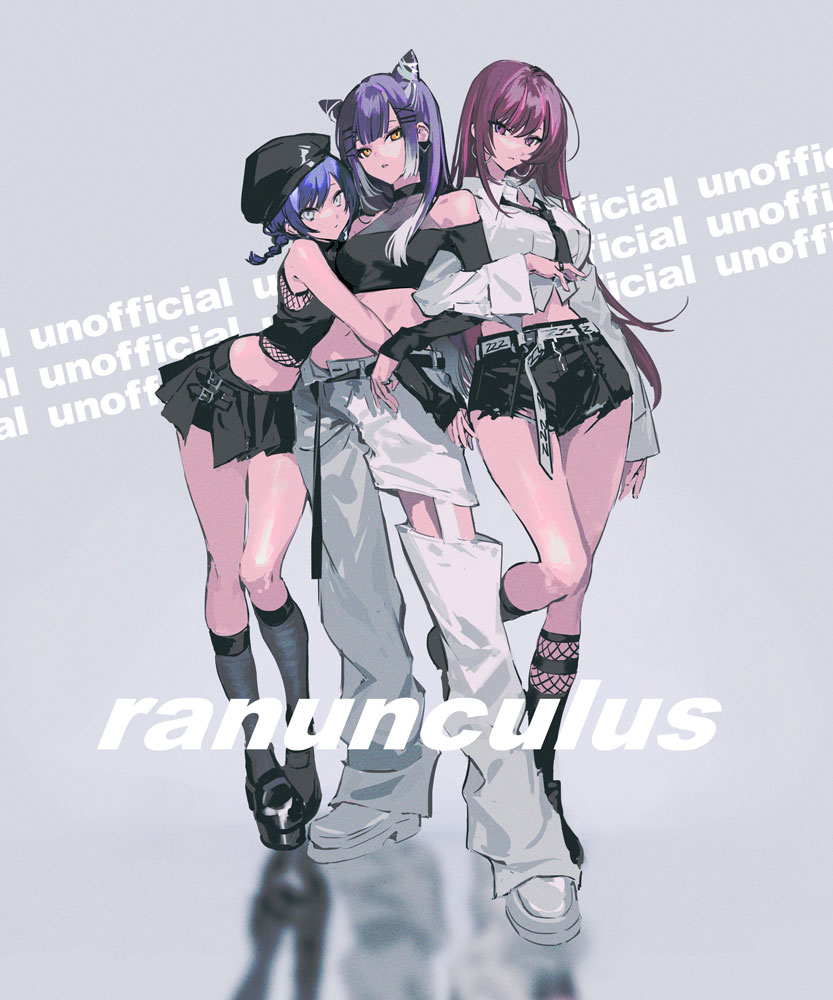 3girls, alternate_costume, amagase_muyu, bangs, bare_shoulders, belt, beret, black_footwear