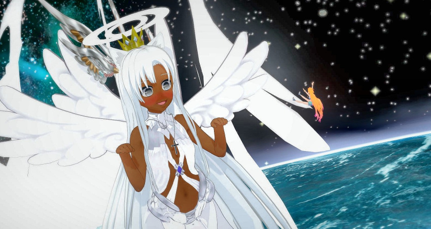 1girl, angel_wings, animal_ears, cross, cross_necklace, crown, dark_skin, dress, giant, giantess, grey_eyes, jewelry, long_hair, lunabrie, necklace, non-web_source, open_mouth, safe, smile, solo, white_dress, wings, wolf_ears
