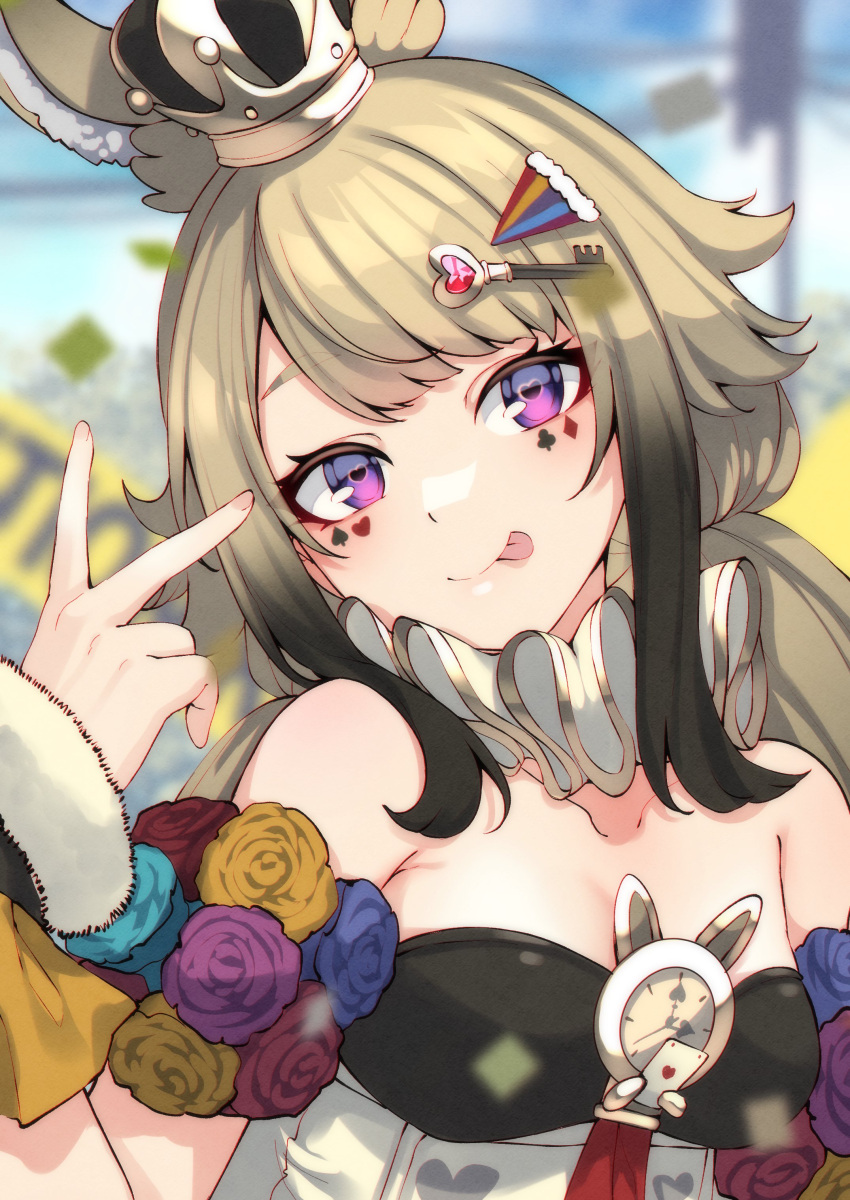 1girl, absurdres, analog_clock, anon_non, bare_shoulders, black_hair, blonde_hair, blue_flower