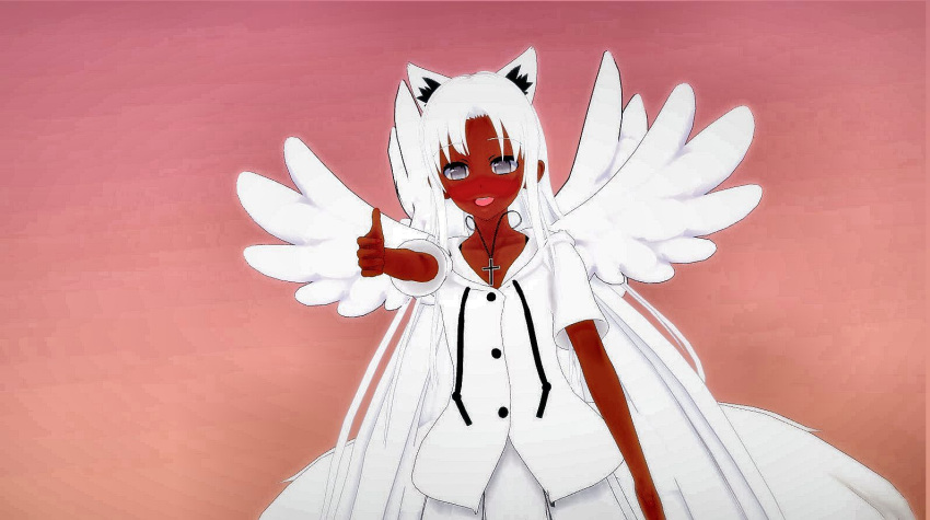 1girl, angel, angel_wings, animal_ear_fluff, animal_ears, cross, cross_necklace, dark-skinned_female