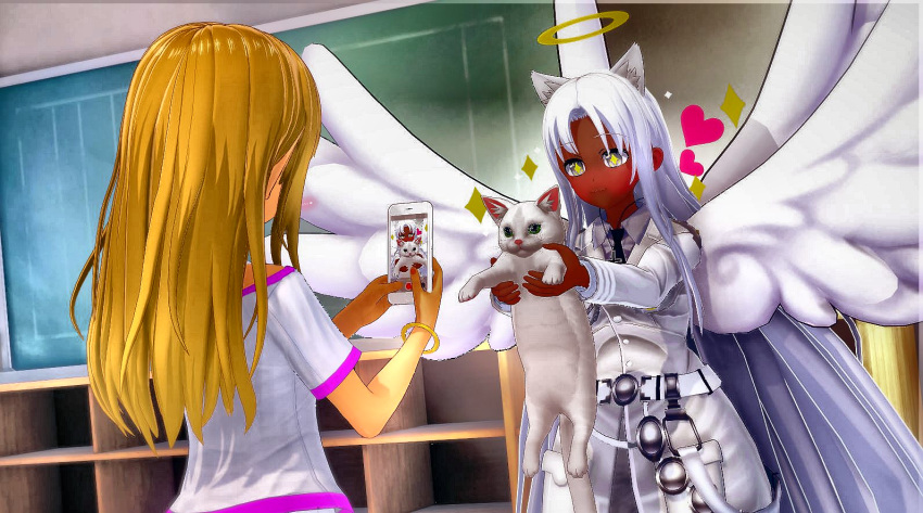 angel_wings, animal_ears, blonde_hair, cat, cellphone, cross, cross_necklace, dark_skin