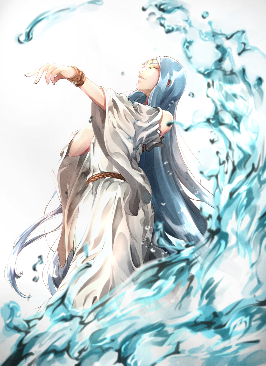 absurdres, blue_hair, bracelet, closed_eyes, clothing_cutout, dress, feet_out_of_frame, fingernails
