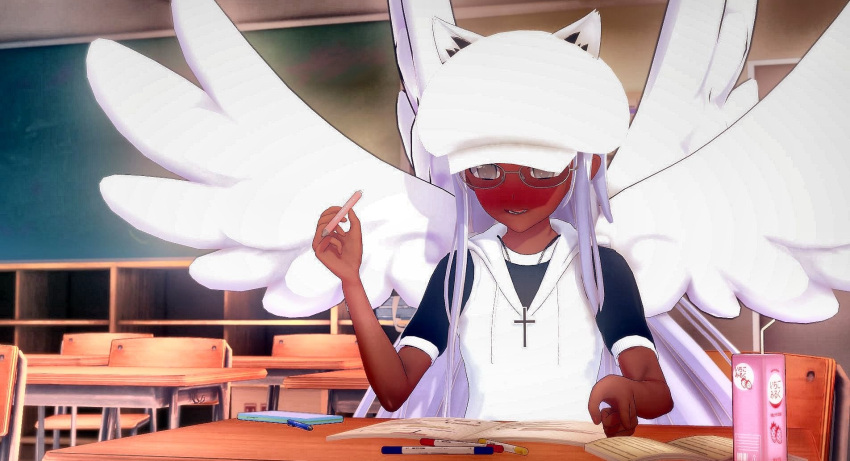 1girl, angel_wings, animal_ears, cross, cross_necklace, dark-skinned_female, dark_skin, drawing