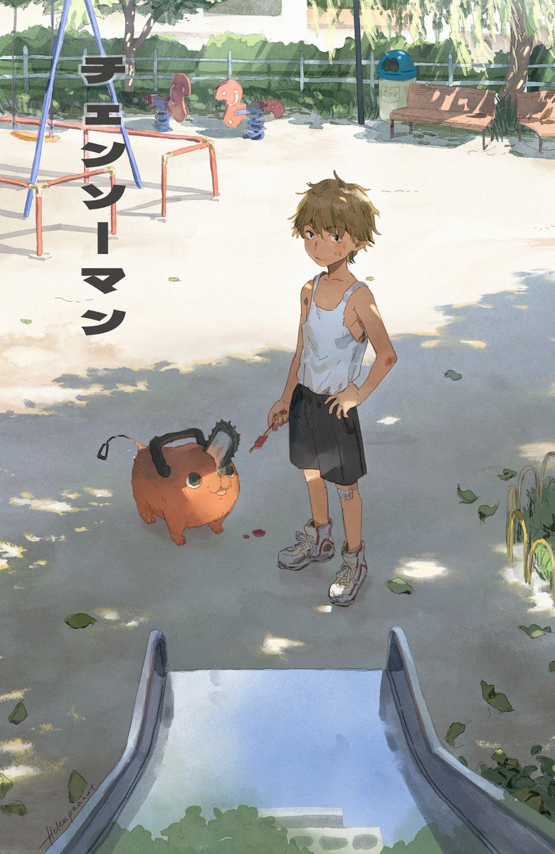 1boy, bench, black_eyes, black_hair, black_pants, blonde_hair, chainsaw, chainsaw_man