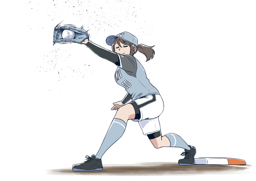 1girl, alternate_hairstyle, alternate_headwear, bangs, baseball, baseball_cap, baseball_mitt, bike_shorts