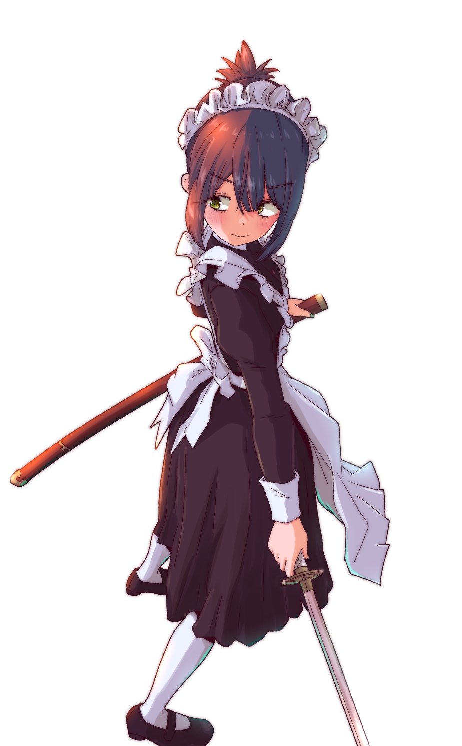 1girl, alternate_costume, apron, brown_hair, enmaided, green_eyes, highres, holding