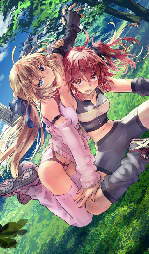 2girls, ahoge, artist_request, artoria_caster_(fate), artoria_pendragon_(all), artoria_pendragon_(fate), ass, assisted_stretching, blonde_hair, blue_ribbon, breasts, craft_essence_(fate), fate/grand_order, fate_(series), fingerless_gloves, fujimaru_ritsuka_(female), gloves, grass, hair_ribbon, long_hair, midriff, multiple_girls, official_art, redhead, ribbon, saber, safe, side_ponytail, small_breasts, smile, thighhighs, tree, twintails, very_long_hair, zipper, zipper_pull_tab