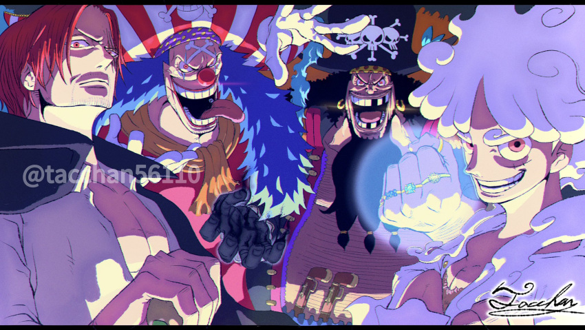 4boys, beard, black_hair, blue_hair, buggy_the_clown, crossed_arms, facial_hair, gloves