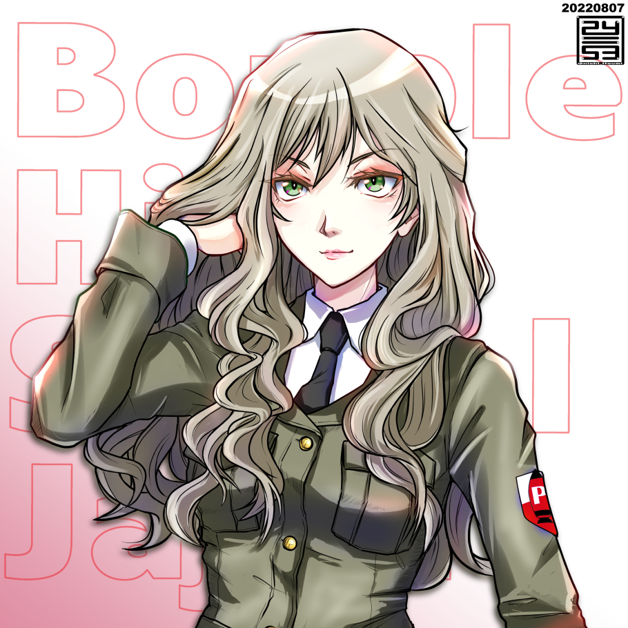 1girl, alternate_hairstyle, artist_logo, background_text, black_necktie, bonple_(emblem), bonple_military_uniform, breast_pocket