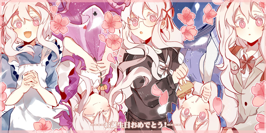 1girl, alternate_costume, alternate_hairstyle, apron, bangs, bespectacled, birthday, black_serafuku