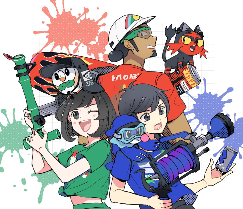 1girl, 2boys, ;d, atsumi_yoshioka, bamboozler_14_(splatoon), bangs, black_eyes, black_hair
