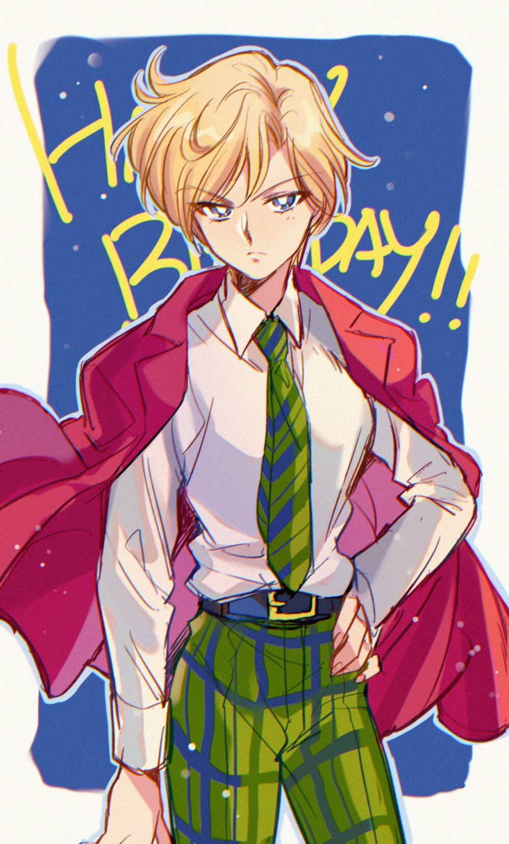 1boy, 1girl, bangs, belt, belt_buckle, bishoujo_senshi_sailor_moon, blonde_hair, blue_background, blue_eyes, border, buckle, collared_shirt, cowboy_shot, crossdressing, green_necktie, green_pants, hand_on_hip, happy_birthday, highres, jacket, jacket_on_shoulders, light_blush, long_sleeves, looking_at_viewer, mugen_gakuen_school_uniform, necktie, pants, plaid, plaid_necktie, plaid_pants, red_jacket, safe, school_uniform, shirt, short_hair, solo, suzuki_(2red_moon3), swept_bangs, ten'ou_haruka, v-shaped_eyebrows, white_shirt