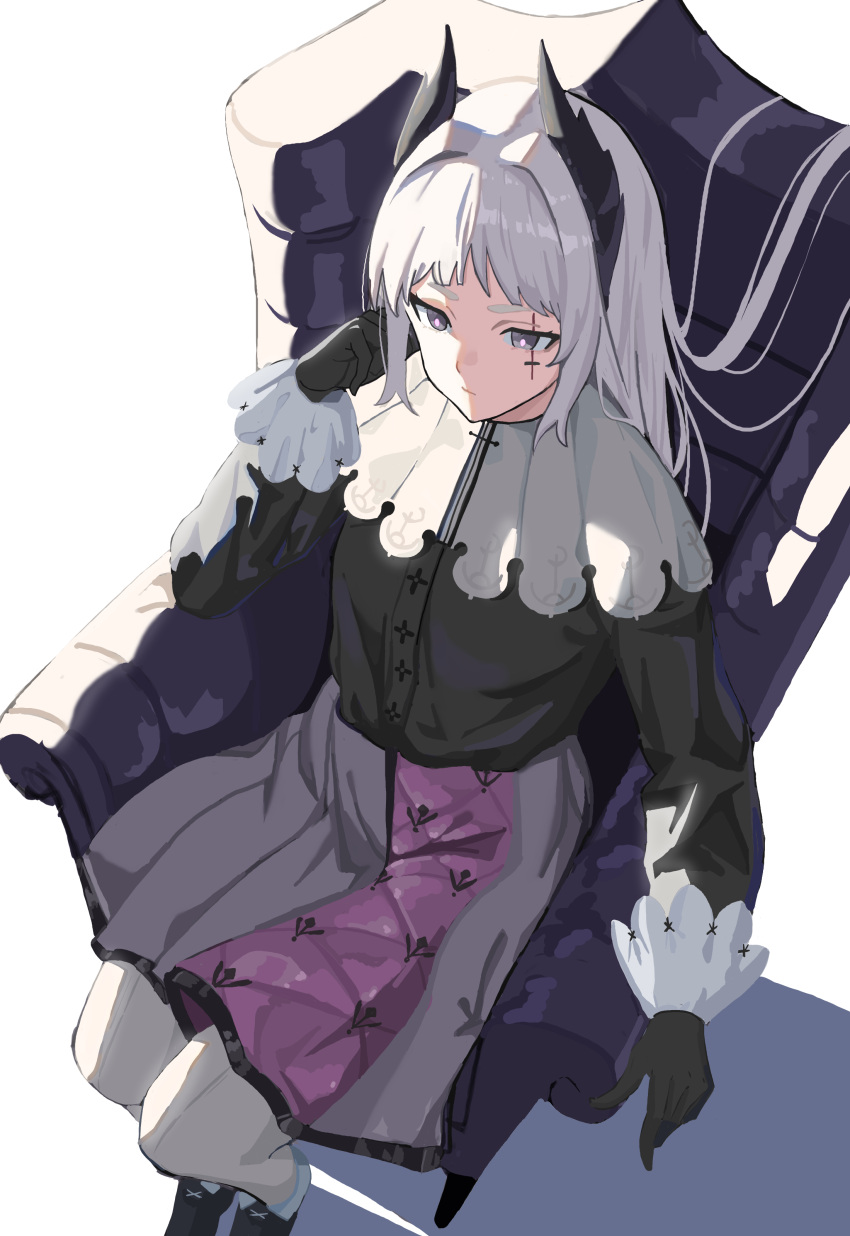 1girl, absurdres, arknights, armchair, black_footwear, black_gloves, black_jacket, capelet