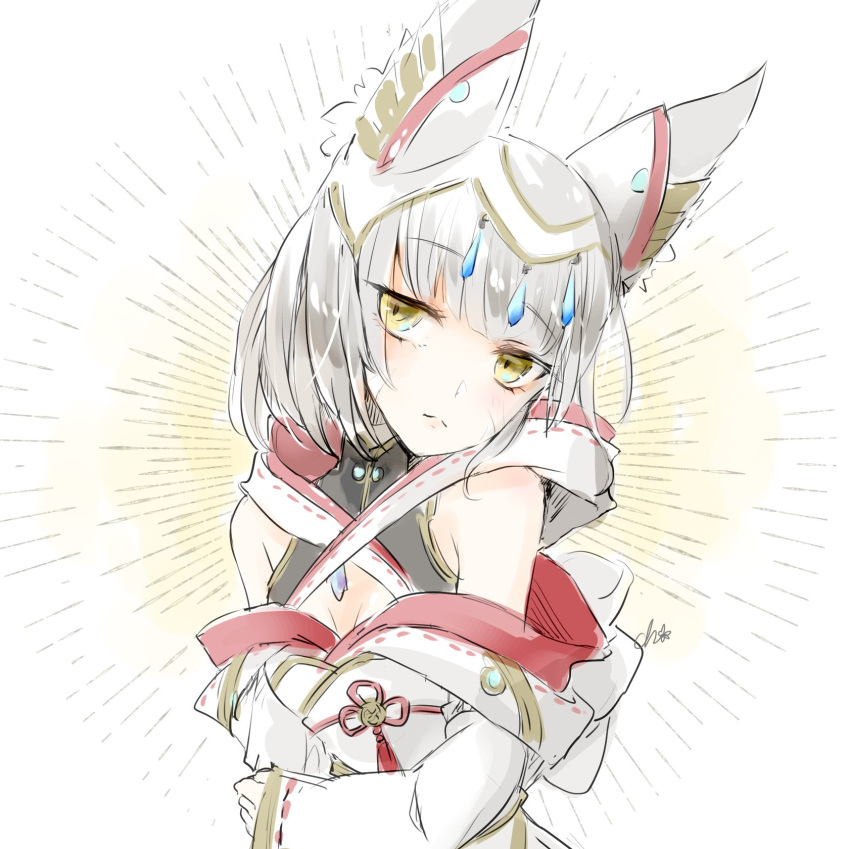 1girl, animal_ears, bangs, blunt_bangs, cat_ears, cat_girl, chest_jewel, chion_(yukina)