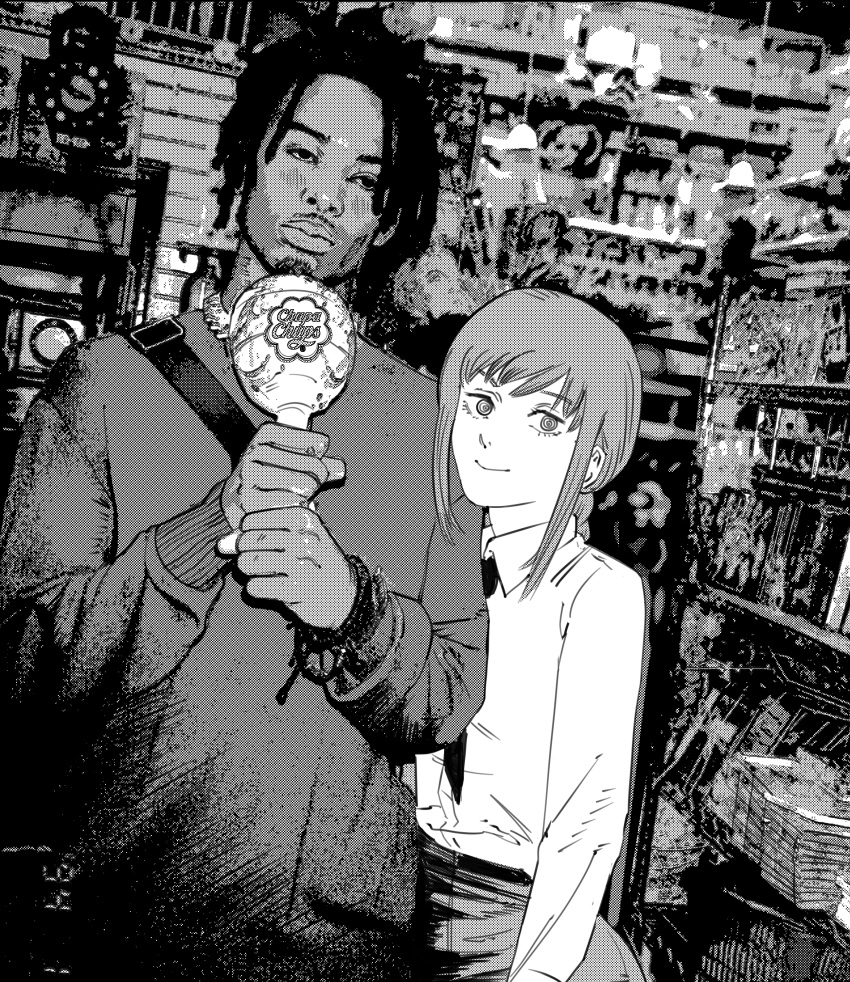 1boy, 1girl, absurdres, backpack, bag, bracelet, candy, chainsaw_man, chupa_chups, clock, convenience_store, crossover, dark-skinned_male, dark_skin, dreadlocks, food, greyscale, highres, holding, holding_candy, holding_food, holding_lollipop, jewelry, lollipop, makima_(chainsaw_man), monochrome, necktie, playboi_carti, real_life, safe, shirt, shop, smile, white_shirt, xyanaid
