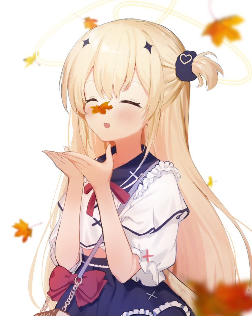 1girl, :d, ^_^, absurdres, autumn_leaves, bag, bangs, blonde_hair
