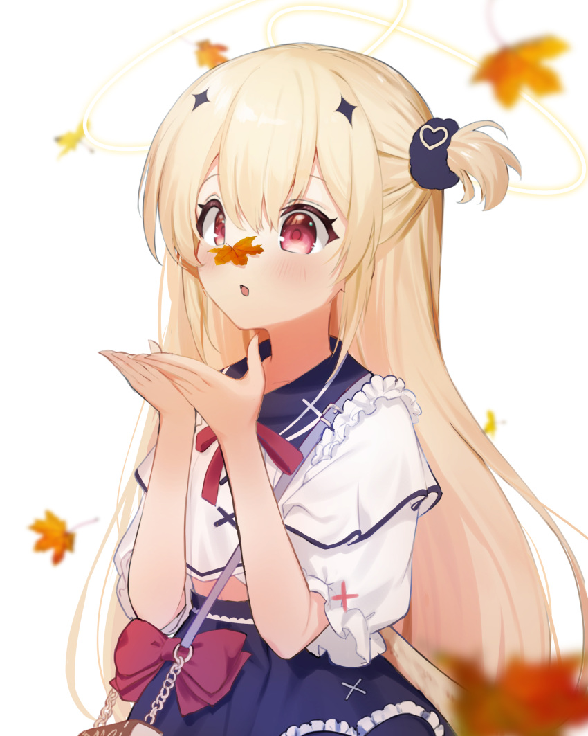 1girl, absurdres, autumn_leaves, bag, bangs, blonde_hair, blue_sailor_collar, blue_skirt