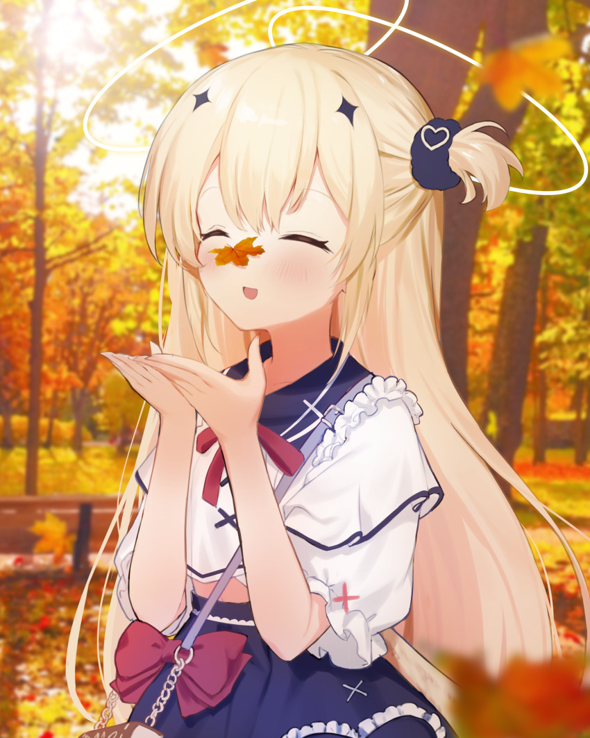 1girl, :d, ^_^, absurdres, autumn_leaves, bag, bangs, bench