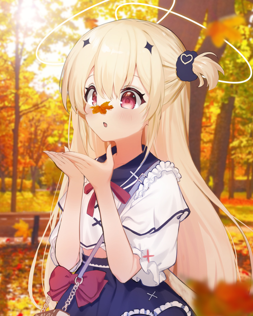 1girl, absurdres, autumn_leaves, bag, bangs, bench, blonde_hair, blue_sailor_collar