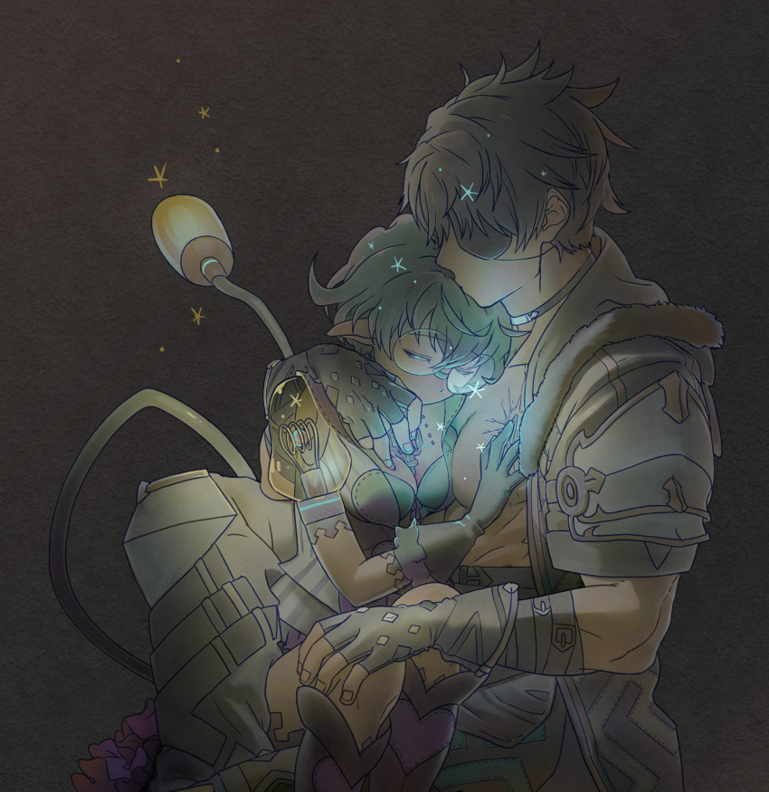 1boy, 1girl, bangs, black_gloves, black_hair, black_jacket, boots, brown_background