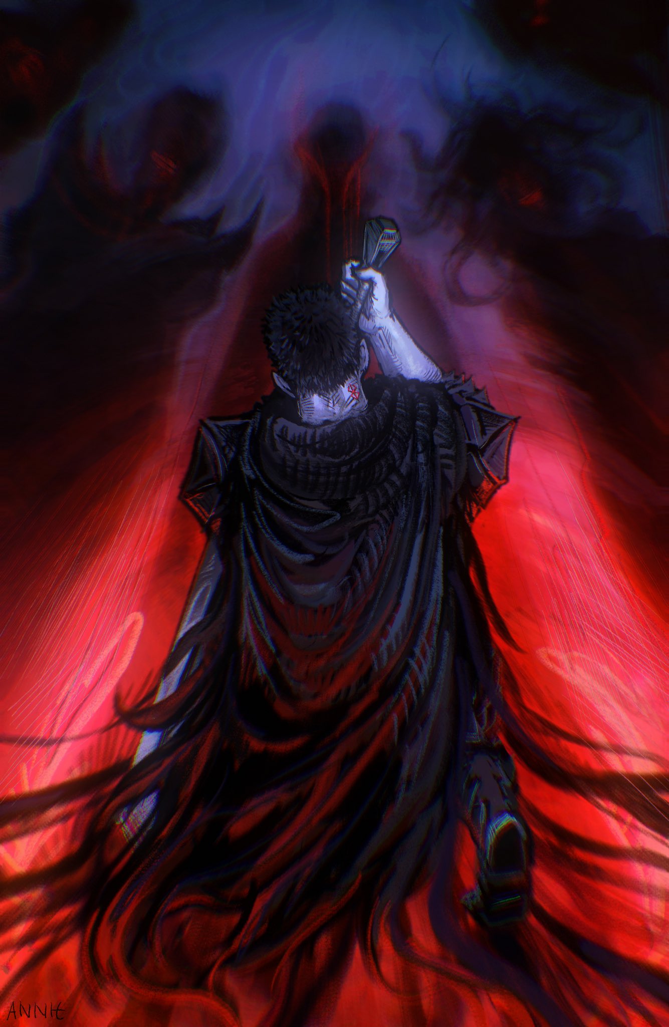 1boy, 1girl, 5boys, anniechromes, armor, artist_name, back, berserk