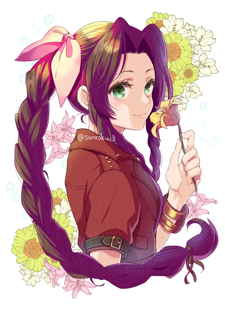 1girl, aerith_gainsborough, bangle, bangs, bracelet, braid, braided_ponytail, brown_hair