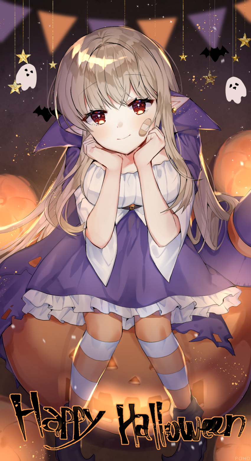 1girl, bandage_on_face, bandages, bandaid, bat_(animal), cape, dress, dungeon_and_fighter, ghost, halloween, highres, ikki_the_vikki, jack-o'-lantern, leaning_forward, long_hair, poho, pointy_ears, purple_dress, safe, smile, solo, sparkle, star_(symbol), streamers, striped, striped_legwear, striped_thighhighs, thigh-highs, trick_or_treat