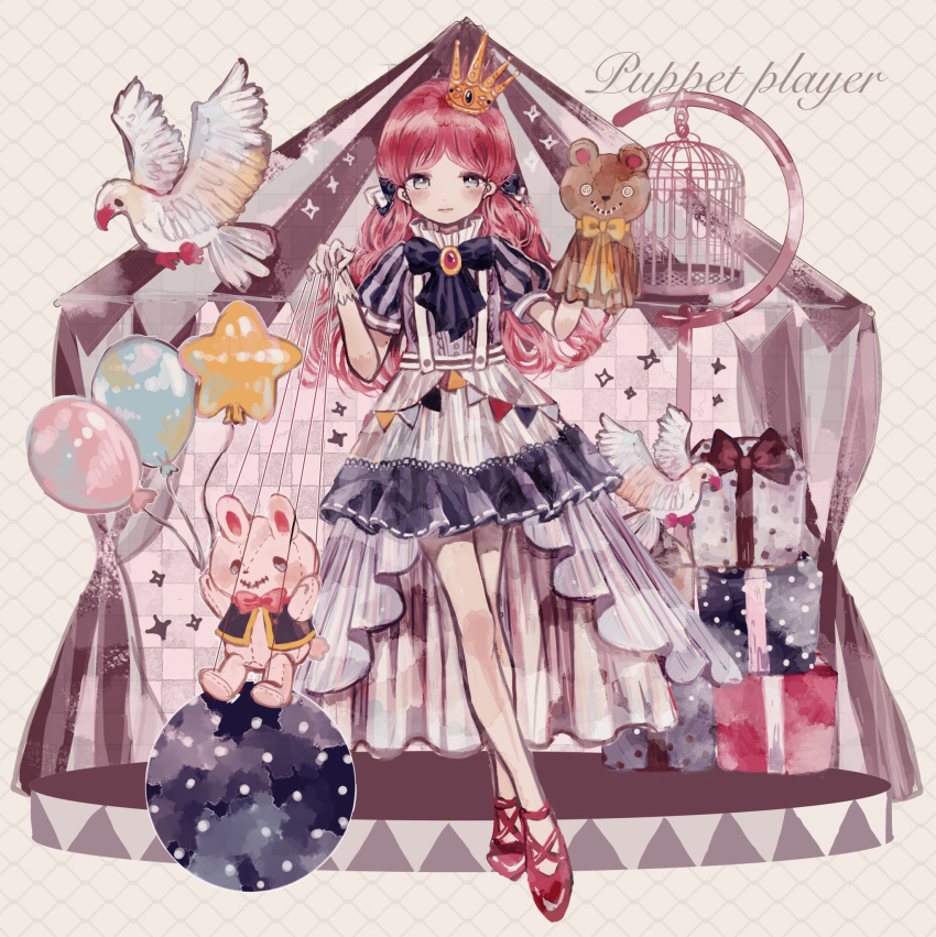 1girl, ball, balloon, bangs, bird, birdcage, black_bow, blue_eyes