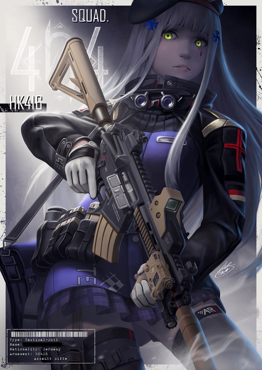 1girl, 404_logo_(girls'_frontline), acog, assault_rifle, bangs, beret, character_name, english_text