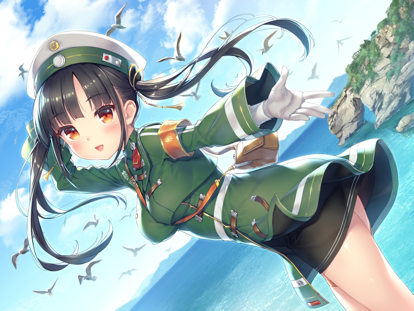 1girl, absurdres, aircraft, airplane, animal, arm_up, armband, bangs