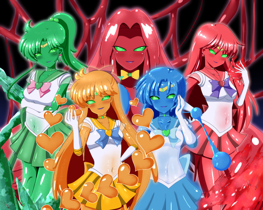1girl, 5girls, aino_minako, arm_at_side, bishoujo_senshi_sailor_moon, blue_bow, blue_choker, blue_hair, blue_skin, blue_skirt, blush, bow, bowtie, breasts, choker, circlet, colored_skin, corruption, cosplay, covered_navel, crossed_arms, earrings, elbow_gloves, gloves, gradient, gradient_background, green_choker, green_eyes, green_sailor_collar, green_skin, green_skirt, hair_bobbles, hair_bow, hair_ornament, hand_on_hip, hand_up, heart, heart_earrings, hino_rei, jamanen, jewelry, kino_makoto, long_hair, looking_at_viewer, magical_girl, medium_breasts, medium_hair, mizuno_ami, monster_girl, monsterification, multiple_girls, navel, necklace, orange_choker, orange_sailor_collar, orange_skin, orange_skirt, pink_bow, ponytail, red_choker, red_sailor_collar, red_skin, red_skirt, rethnick, safe, sailor_collar, sailor_jupiter, sailor_mars, sailor_mars_(cosplay), sailor_mercury, sailor_mercury_(cosplay), sailor_senshi, sailor_senshi_uniform, sailor_venus, shirt, short_sleeves, simple_background, skirt, sleeveless, slime_(substance), slime_girl, slimification, small_breasts, smile, solo, standing, star_(symbol), star_earrings, tiara, very_long_hair, white_gloves, white_shirt, yellow_bow, yellow_bowtie, yellow_skirt