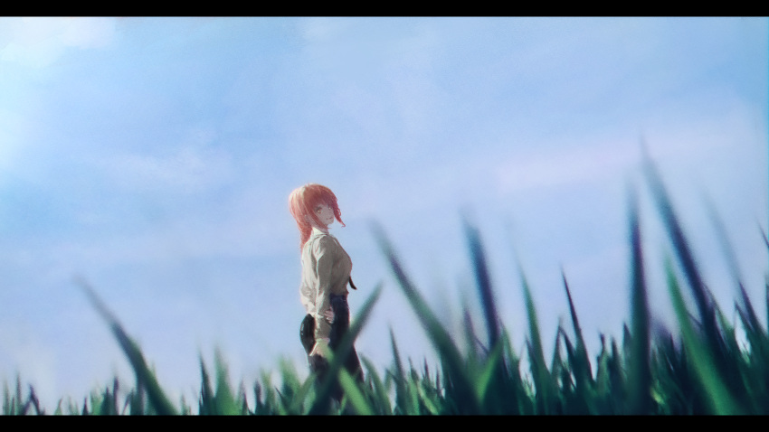 1girl, absurdres, black_pants, blue_sky, blurry, blurry_foreground, braid, chainsaw_man
