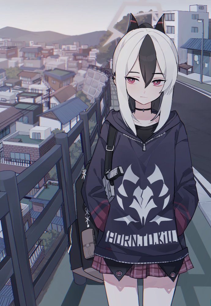 1girl, backpack, bag, bangs, black_choker, black_hair, blue_archive, building, choker, city, cityscape, cjsdh1000, closed_mouth, commentary, day, earclip, gun, hair_between_eyes, halo, hands_in_pockets, hood, hood_down, hoodie, horns, kayoko_(blue_archive), lamppost, long_sleeves, looking_at_viewer, miniskirt, multicolored_hair, outdoors, plaid, plaid_skirt, ponytail, railing, red_eyes, road, safe, skirt, solo, streaked_hair, street, weapon, white_hair