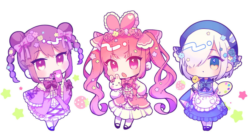 3girls, animal_ears, bangs, blue_eyes, bow, braid, chibi, denonbu