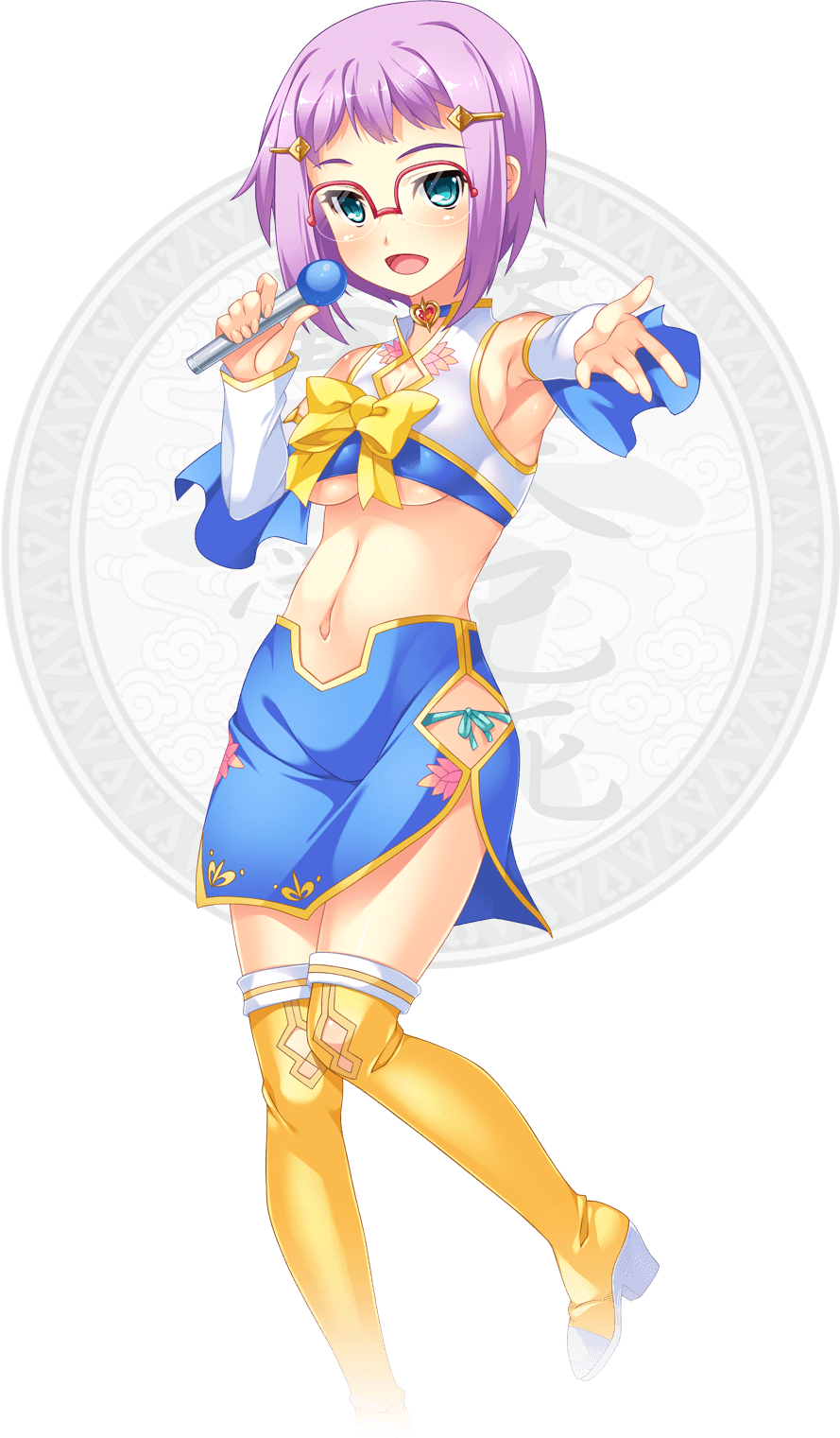 1girl, blue_eyes, blue_skirt, boots, bow, chouryou_(renhou), detached_sleeves, glasses