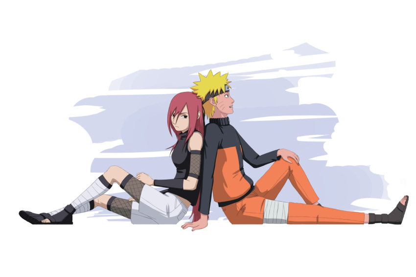 1boy, 1girl, artist_xeziel15, back-to-back, bare_shoulders, black_headband, black_shirt, blonde_hair, blue_eyes, brown_eyes, couple, facial_mark, hair_between_eyes, headband, leaning_on_person, long_hair, looking_at_another, naruto_(series), naruto_shippuuden, ninja, non-web_source, redhead, safe, shirt, shorts, sideways_glance, simple_background, sitting, tayuya, tayuya_(naruto), uzumaki_naruto, white_shorts, wristband