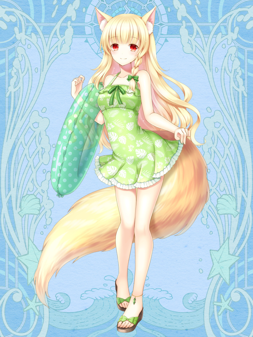 1girl, animal_ear_fluff, animal_ears, blonde_hair, blue_background, bow, braid, dairoku_ryouhei, dress, fox_ears, fox_tail, full_body, green_one-piece_swimsuit, hair_bow, highres, innertube, long_hair, polka_dot_innertube, red_eyes, safe, sandals, smile, solo, spinel_kurobard, standing, swimsuit, tail, tsubaki_chisa, very_long_hair