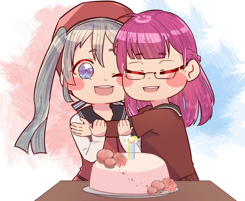 2girls, :d, absurdres, ahoge, alt_text, asymmetrical_bangs, bangs, beret