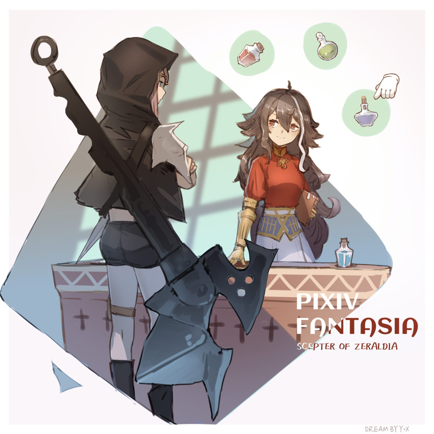1girl, 2girls, axe, black_footwear, black_shorts, blue_eyes, boots, brown_eyes