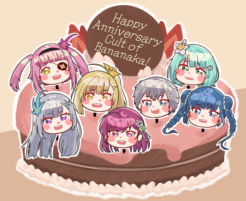 6+girls, :d, absurdres, ahoge, anniversary, aqua_hair, asymmetrical_bangs, bangs