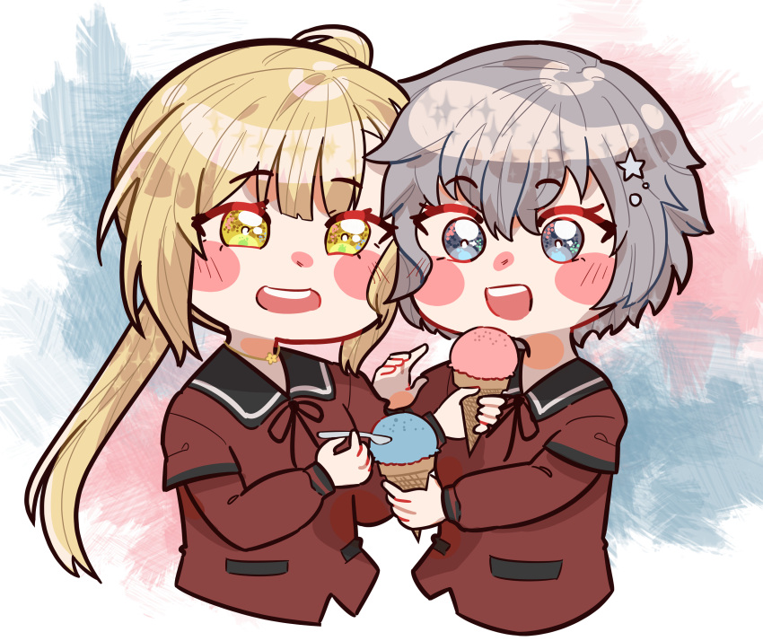2girls, :d, absurdres, asymmetrical_bangs, bangs, black_ribbon, blonde_hair, blue_background