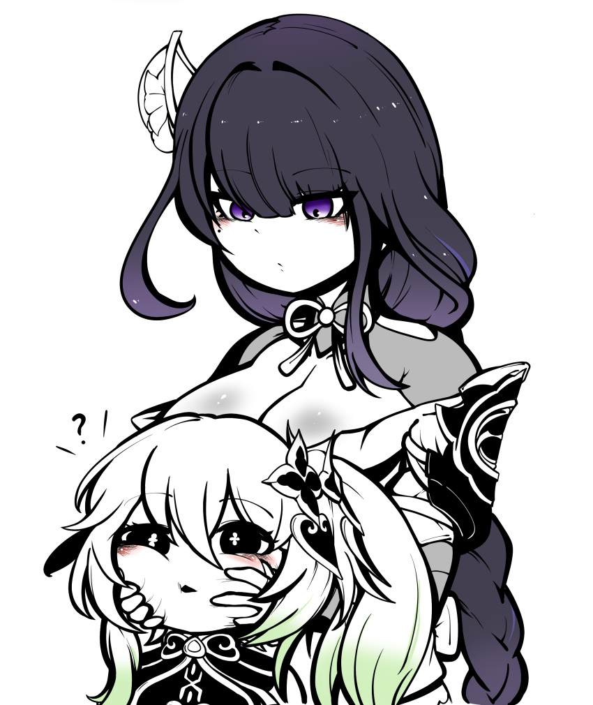 2girls, absurdres, bangs, braid, braided_ponytail, breasts, eyebrows_hidden_by_hair, flower, from_behind, genshin_impact, gradient, green_hair, hair_between_eyes, hair_ornament, hands_on_another's_face, highres, japanese_clothes, large_breasts, long_hair, monochrome, multicolored_hair, multiple_girls, nahida_(genshin_impact), pointy_ears, ponytail, purple_eyes, purple_hair, raiden_shogun, safe, side_ponytail, simple_background, uncolorcube, violet_eyes, white_background, white_hair
