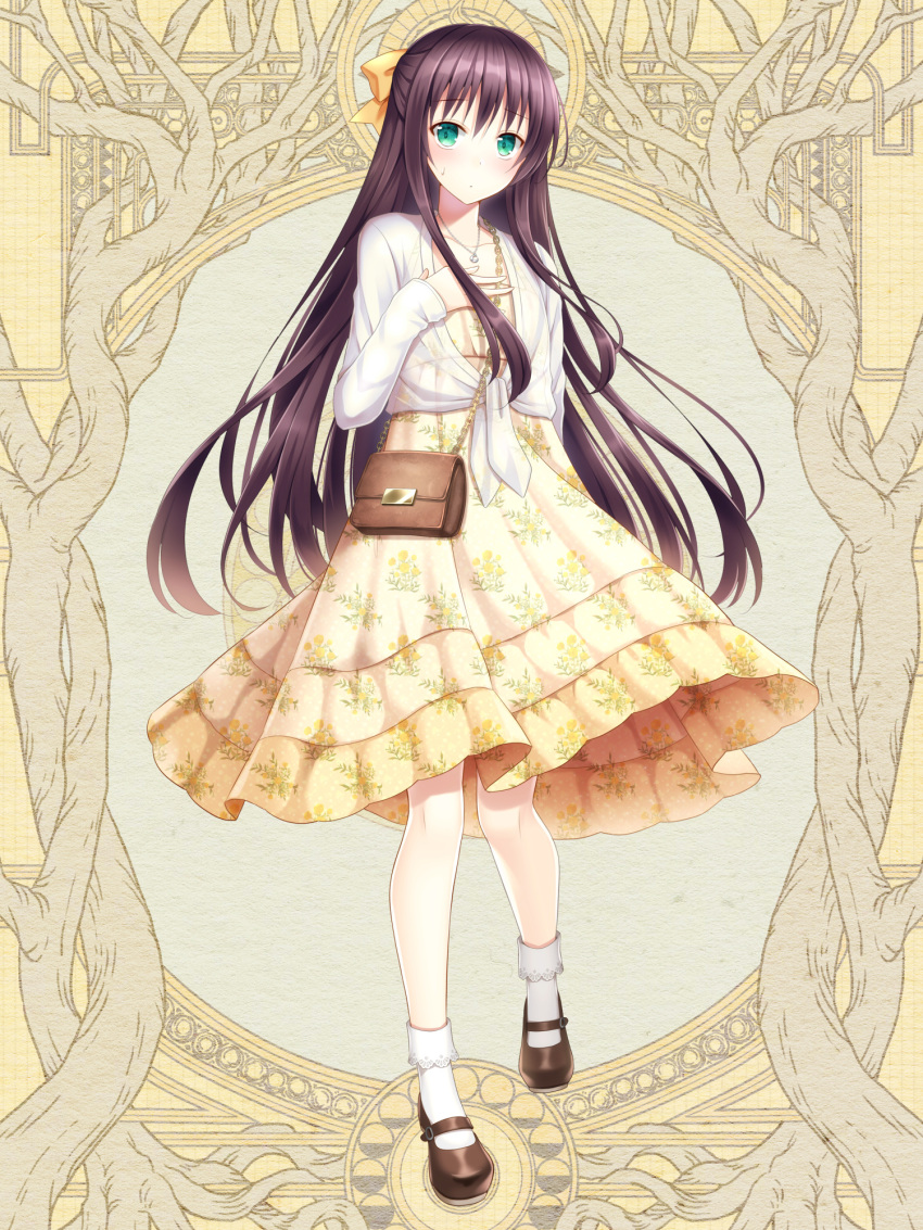 1girl, bag, blue_eyes, blush, bow, brown_footwear, brown_hair, dairoku_ryouhei, dress, floral_print, full_body, green_eyes, hair_bow, hand_up, handbag, highres, jewelry, long_hair, looking_at_viewer, necklace, safe, skirt, socks, solo, standing, tsubaki_chisa, very_long_hair, yellow_background, yellow_bow, yellow_dress