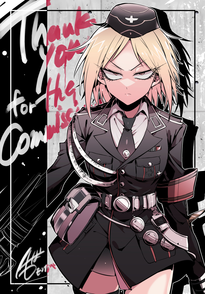1girl, absurdres, angry, belt, blonde_hair, breasts, brown_eyes, commission, cowboy_shot, erotunabe, garrison_cap, girls_frontline, hat, highres, long_sleeves, looking_at_viewer, military, military_hat, military_uniform, mp40_(girls'_frontline), necktie, red_armband, saber_(weapon), safe, shirt, short_hair, signature, skeb_commission, solo, sword, uniform, watermark, weapon