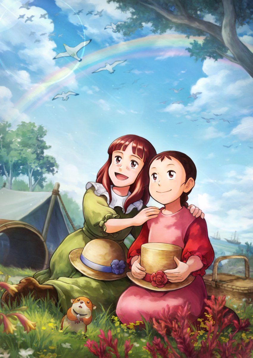 2girls, :d, basket, bird, blue_sky, braid, brown_footwear, brown_hair, cloud, clouds, day, dress, flower, grass, green_dress, hamster, hat, hat_removed, headwear_removed, highres, kate_popple, long_hair, lucy_may_popple, minami_no_niji_no_lucy, multiple_girls, nakajima_majikana, open_mouth, outdoors, picnic_basket, pink_dress, rainbow, safe, seagull, short_sleeves, sitting, sky, smile, tent, tree
