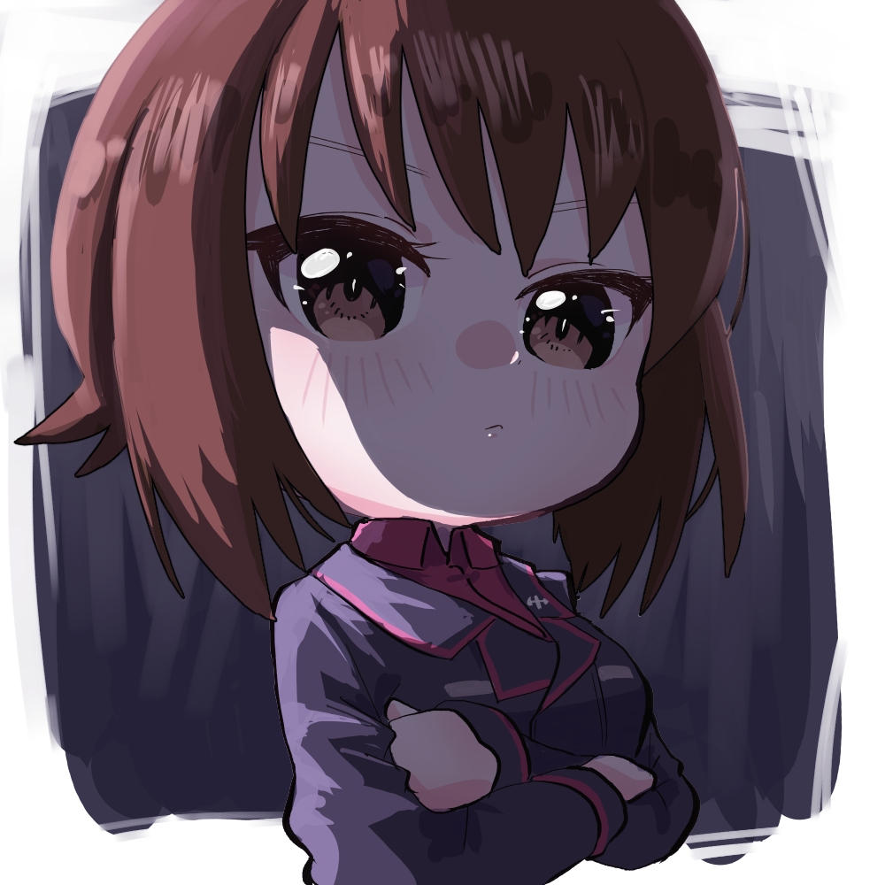 1girl, brown_eyes, brown_hair, chibi, crossed_arms, girls_und_panzer, kuromorimine_military_uniform, nabe_(nabe_otome)